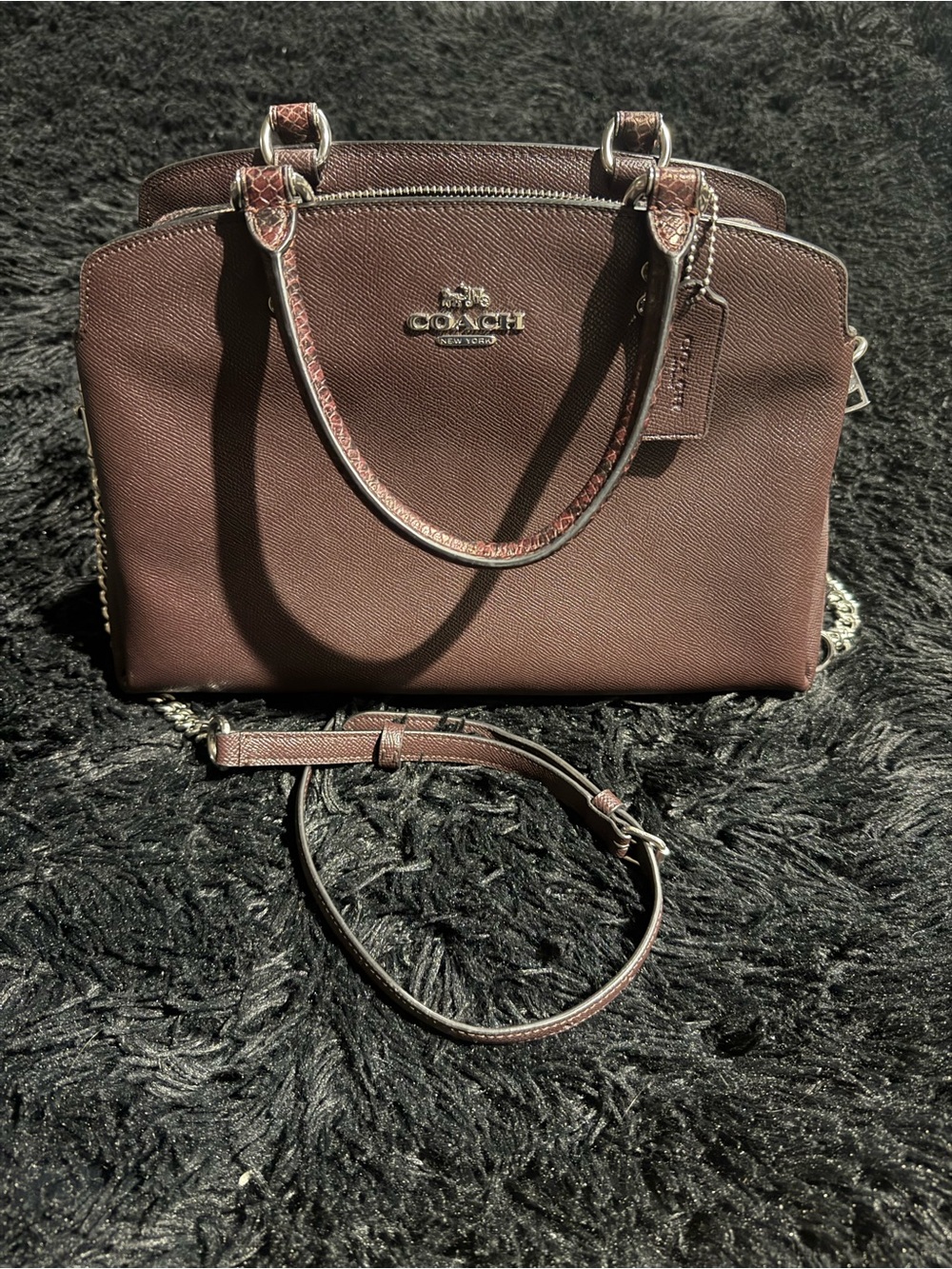 Coach Dark Brown Saffiano Leather Satchel with Chain Strap